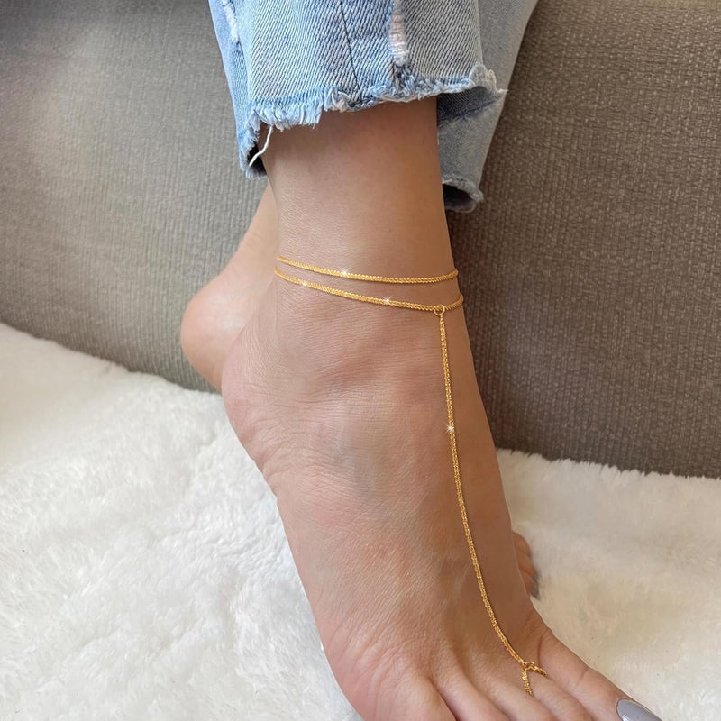Robaice Ankle Bracelets for Women, Glitter Waterproof Adjustable Anklet for Women, 14K Gold Plated/Sterling Silver Layered Anklets, Summer Beach Anklet Jewelry for Women Gift - Image 3